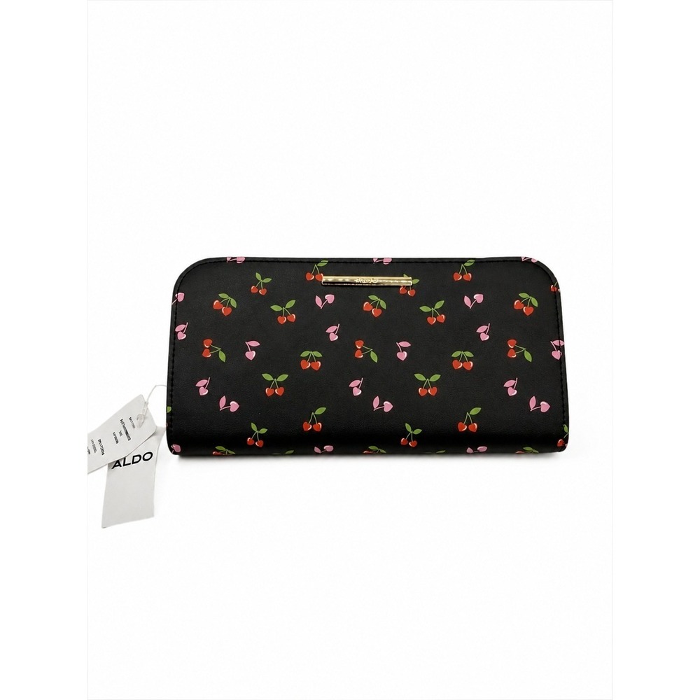 Aldo Chery Print Zip Around Wallet Clutch Black Red Cottagecore Miminalist NWT